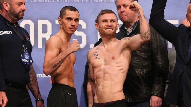 Scott Quigg and Carl Frampton during the weigh-in ahead of their World Super-Bantamweight unification fight