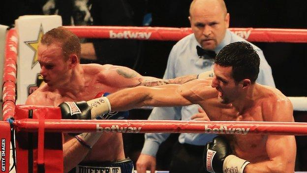 Froch (right) knocked Groves out with a right hand which commentator Mike Costello said was one of the best punches ever in a British ring