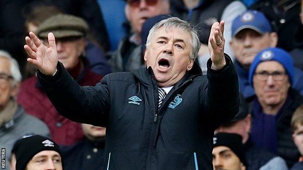 Carlo Ancelotti shows his frustration as he watches Everton lose at Chelsea