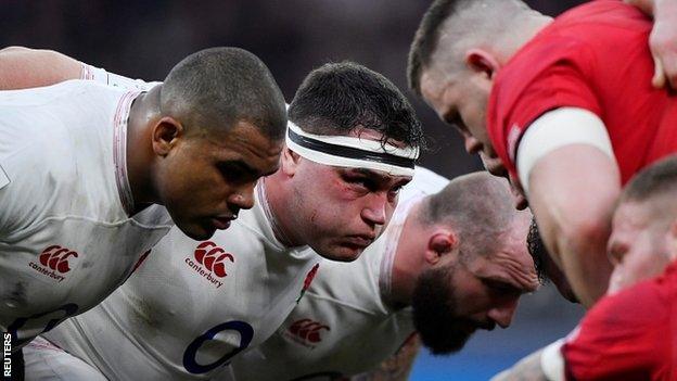 Jamie George scrums down against Wales during the Six Nations