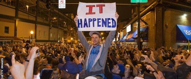 Chicago fans take to the streets to celebrate the Chicago Cubs 8-7 victory over the Cleveland Indians in Cleveland in 10th inning in game seven of the 2016 World Series