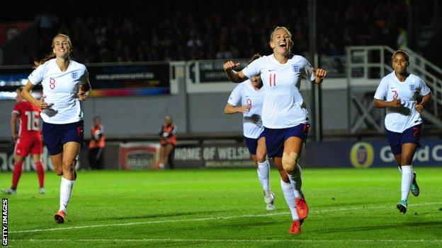 England players Jill Scott, Toni Duggan and Nikita Parris celebrate after Duggan scores against Wales