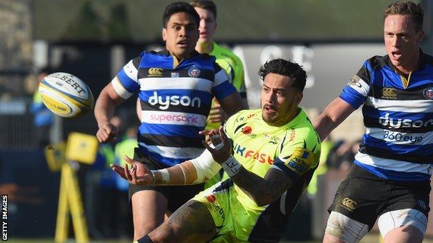 Denny Solomona makes a pass for Sale against Bath