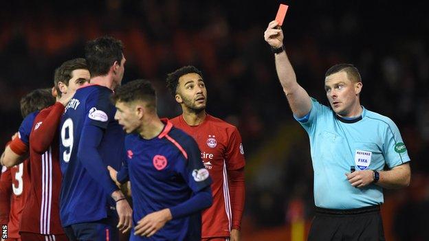 Hearts striker Kyle Lafferty sent off by referee John Beaton