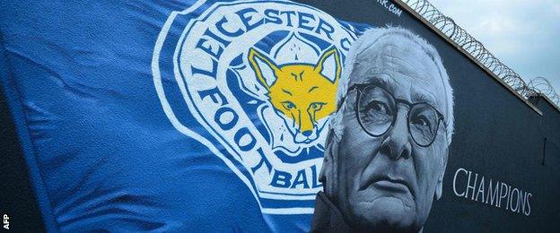 A giant mural of Leicester City's Italian manager Claudio Ranieri, created by artist Richard Wilson