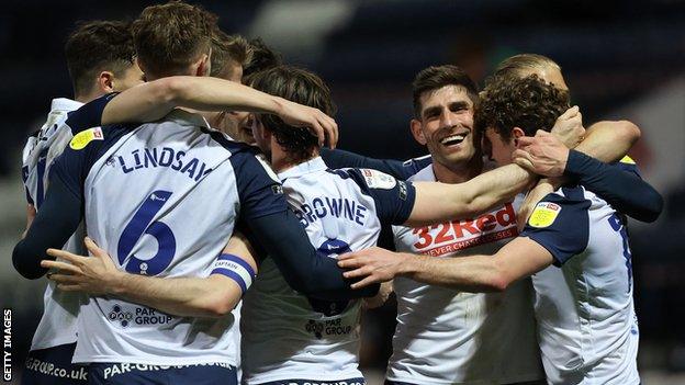 Preston players celebrate a goal against Derby