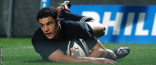 Dan Carter goes over against Wales in 2003