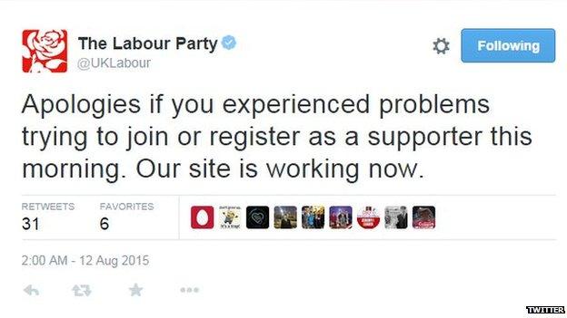 Labour Party tweet: Apologies if you experienced problems trying to join or register as a supporter this morning. Our site is working now.