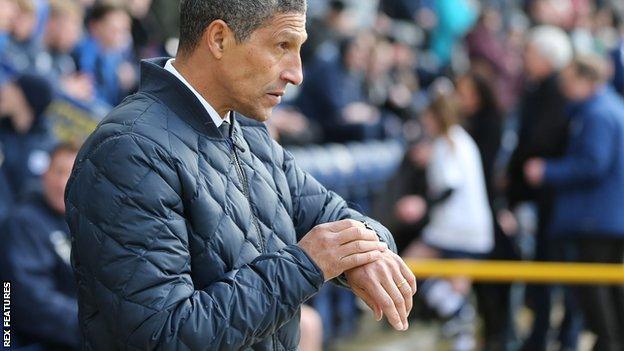 Brighton boss Chris Hughton checks his watch at Deepdale