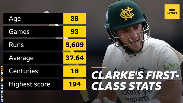 Joe Clarke's first-class stats: Age 25, Games 93, Runs 5,609, Average 37.64, Centuries 18, Highest score 194