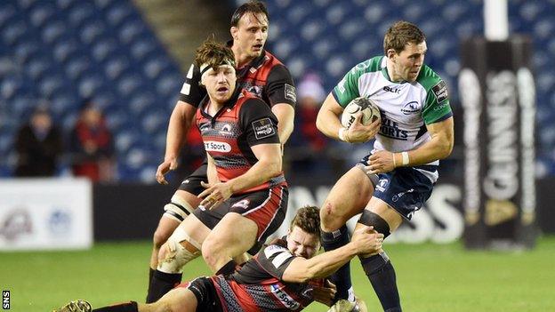 Edinburgh's Chris Dean battles with Connacht's Craig Ronaldson