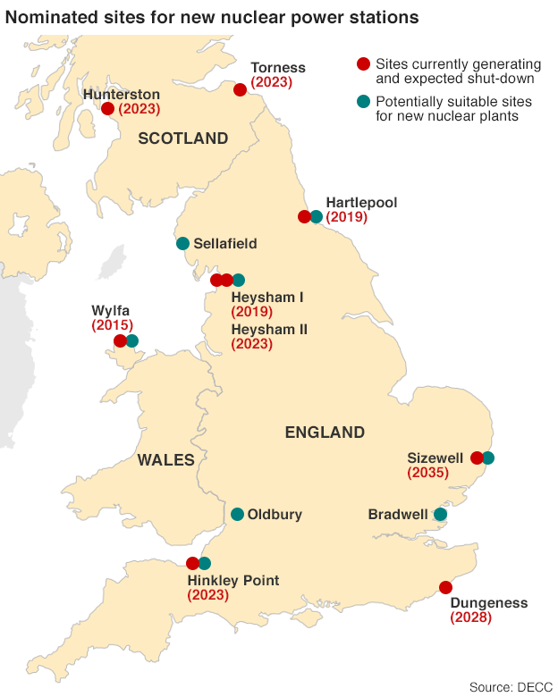 Graphic showing locations of current and proposed nuclear power plants