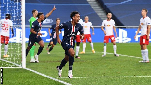 Marquinhos (centre) celebrates scoring the opening goal for Paris Saint-Germain