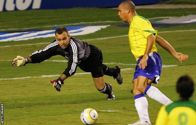 Venezuela coach Rafael Dudamel playing for his national side against Brazil