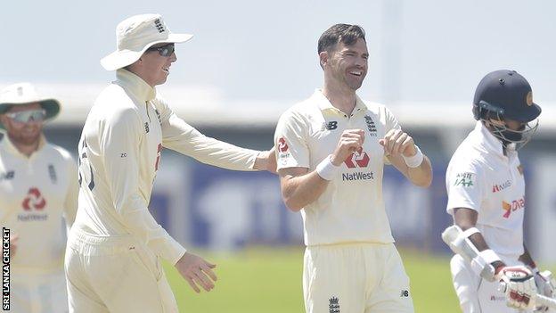 England's James Anderson celebrates taking a wicket against Sri Lanka