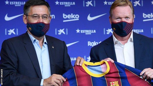 Barcelona's ex-president Josep Maria Bartomeu presents Ronald Koeman as manager