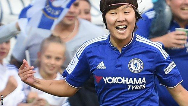 Ji So-Yun celebrates scoring for Chelsea Ladies