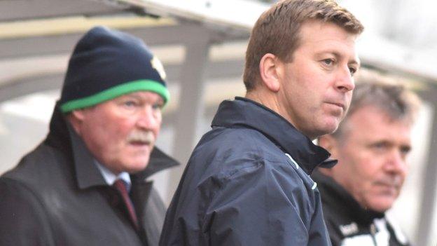 Ronnie McFall and Pat McGibbon in the Portadown dugout earlier this season