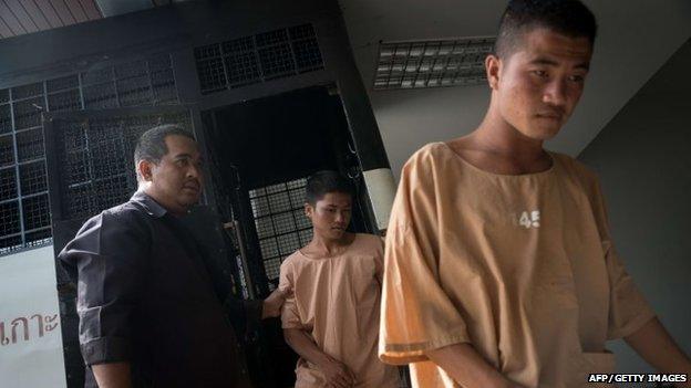 Zaw Lin, front, and Wai Phyo (also known as Win Zaw Htun), rear, arrive at the court in Koh Samui