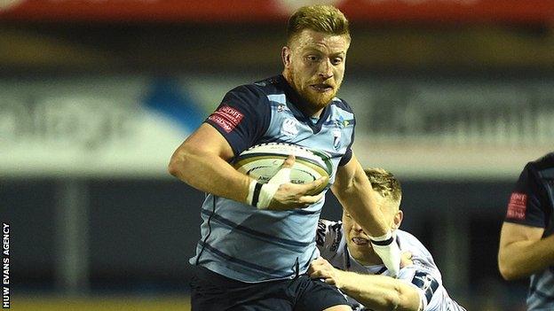 Macauley Cook makes a break for Cardiff Blues against Ospreys