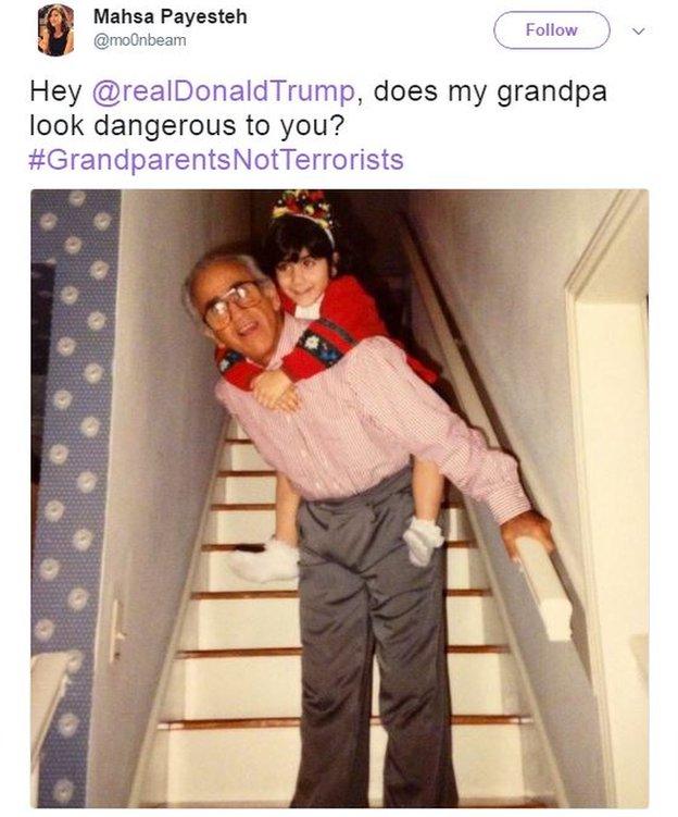 Mahsa Payesteh tweets a photo of her as a child on her grandfather's back with the caption: "Hey @realDonaldTrump, does my grandpa look dangerous to you? #GrandparentsNotTerrorists".