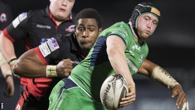 Edinburgh's Viliame Mata (left) tackles Connacht's Eoin McKeon