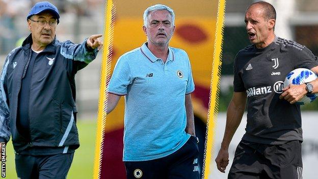 Lazio head coach Maurizio Sarri and Roma manager Jose Mourinho, Juventus boss Massimiliano Allegri