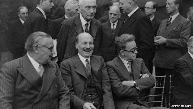 Clement Attlee (centre), Ernest Bevin (left) and Herbert Morrison (right) and other members of the 1945 Labour cabinet
