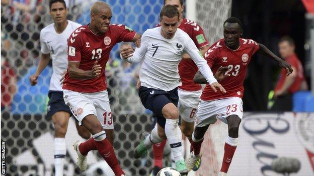 France plays Denmark in the 2018 World Cup