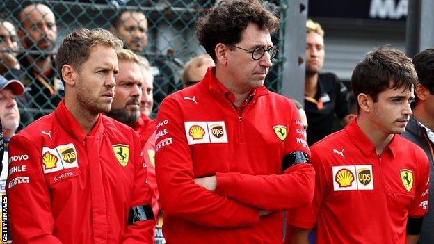 Sebastian Vettel, Mattia Binotto and Charles Leclerc