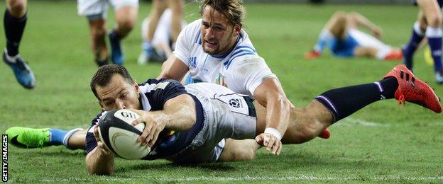 Tim Visser scores for Scotland against Italy