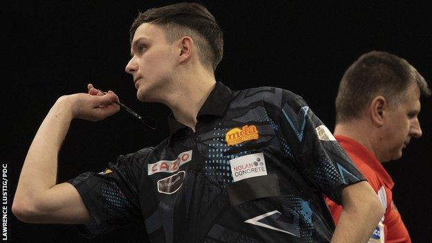 Nathan Rafferty in action during his dramatic win over Poland's former World Masters champion Krzysztof Ratajski