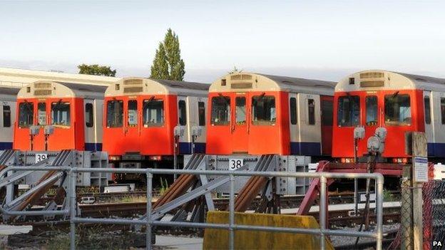 District Line tube trains parked at the Upminster depot, London