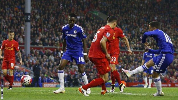 Eden Hazard scores for Chelsea against Liverpool