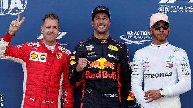 Daniel Ricciardo, Lewis Hamilton and Sebastian Vettel