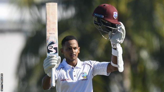 West Indies wicketkeeper Shane Dowrich celebrates reaching his century