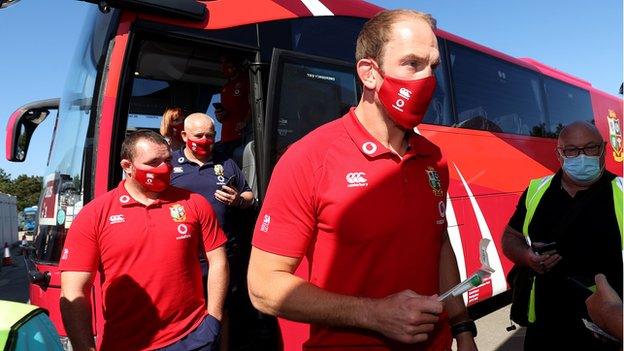 Ken Owens (left) and captain Alun Wyn Jones arrive at the British and Irish Lions training camp in Jersey