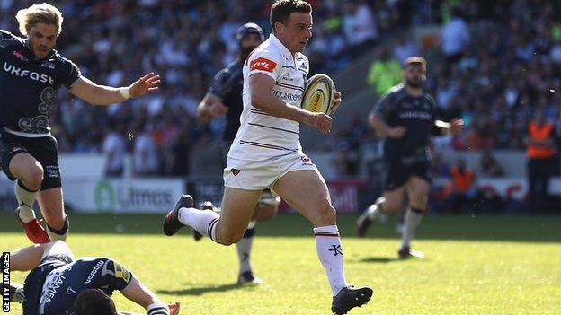 George Ford runs in a try for Leicester