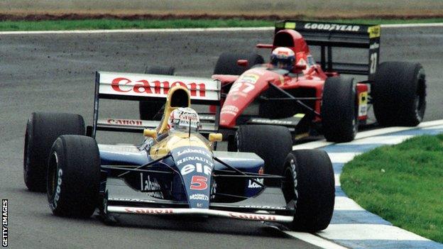 Nigel Mansell leads Alain Prost at the 1991 Spanish Grand Prix