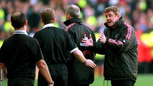 Steve Bruce was only with Sheffield United for a season - but was involved in one of the biggest controversies of his 1,000 games as a boss in February 1999 when the furore of Marc Overmars' 'goal' in an FA Cup fifth-round tie against Arsenal at Highbury led to the game being replayed