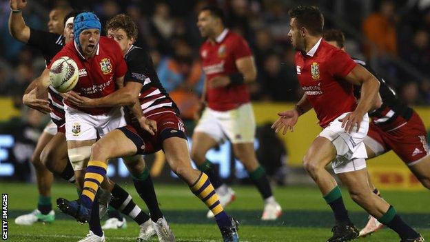 Justin Tipuric of the Lions is tackled during the match between the New Zealand Provincial Barbarians and the British & Irish Lions at Toll Stadium on June 3, 2017 in Whangarei, New Zealand.