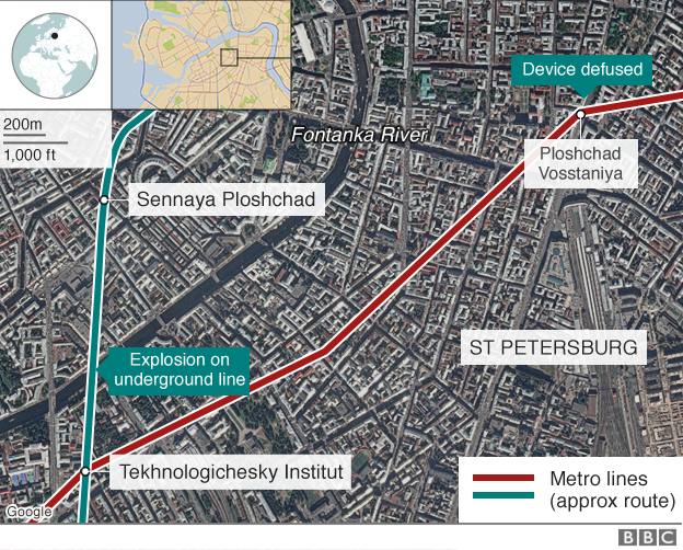 Map showing St Petersburg bombs - 4 April 2017