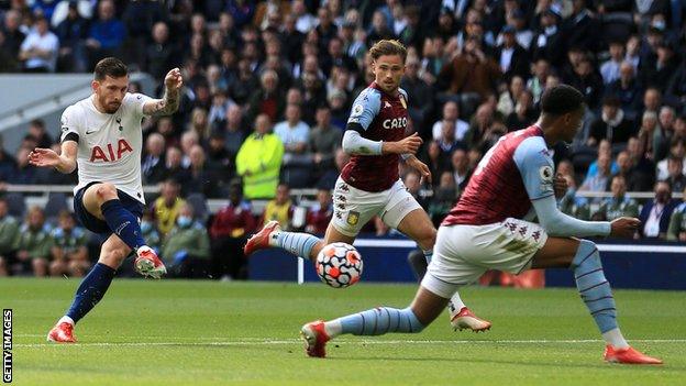 Pierre-Emile Hojbjerg scores for Tottenham against Aston Villa