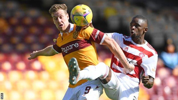 Motherwell's Jordan White (left) and Hakeem Odoffin of Hamilton