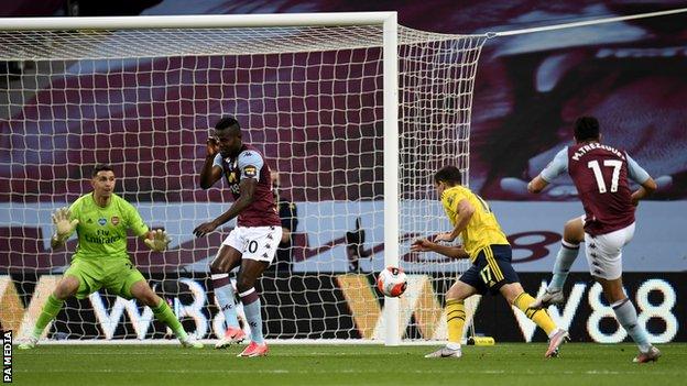 Trezeguet scores for Aston Villa against Arsenal in the Premier League at Villa Park