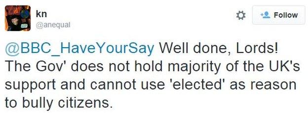 @anequal tweets: Well done, Lords! The Gov' does not hold majority of the UK's support and cannot use 'elected' as reason to bully citizens.