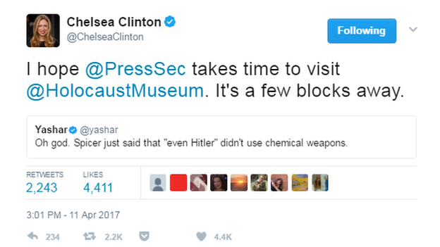 Chelsea Clinton tweets: "I hope @PressSec takes time to visit @HolocaustMuseum. It's a few blocks away."