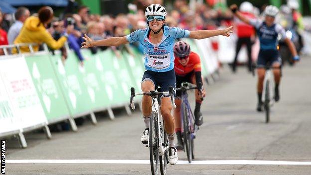 Britain's Lizzie Deignan celebrates winning stage five of the 2019 Women's Tour