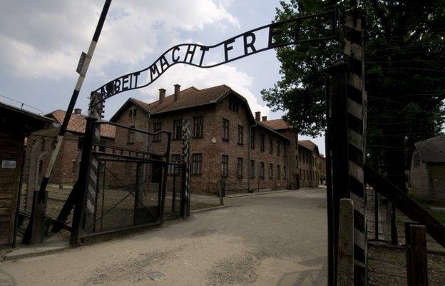 The notorious Auschwitz camp gate, with the inscription "Arbeit Macht Frei" ("work makes you free")