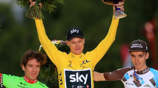 Chris Froome on the podium after winning the 2017 Tour de France